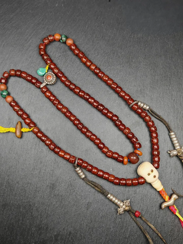 Authentic Tibetan Rudraksha Mala Necklace,Old 8mm 108  Prayer Beads,with Unique Mix of Treasures,Tibetan  Rosary,Spiritual Gift