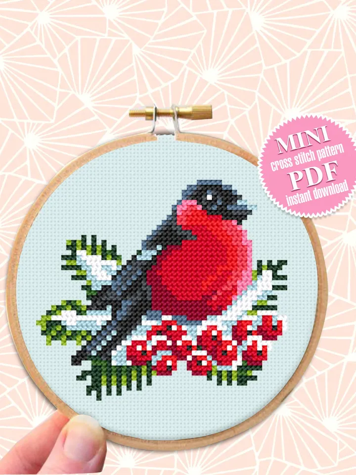 Bullfinch cross stitch pattern download PDF Christmas cross stitch chart, Simple beginner stitch, Christmas bird pattern digital PDF #N12