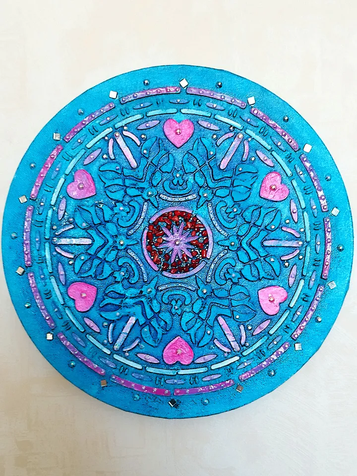 Mandala textured painting. Mandla love wall decor glitter art