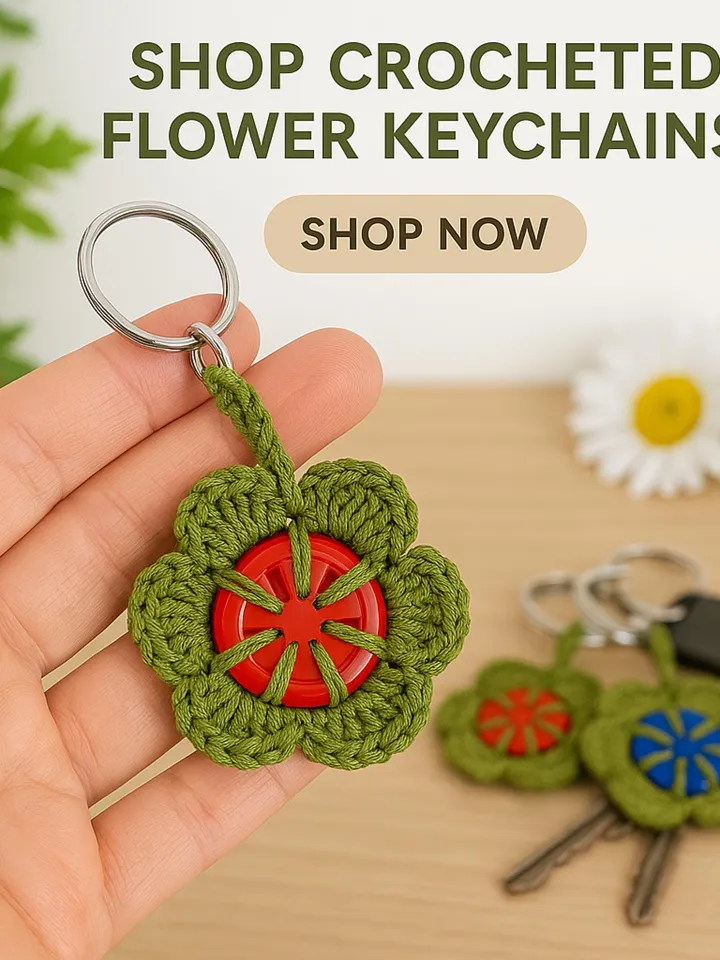 Retro Button Bloom Keychain Crochet Pattern, Easy Upcycled DIY Bag Charm PDF, Round Yarn Key Ring Motif Tutorial