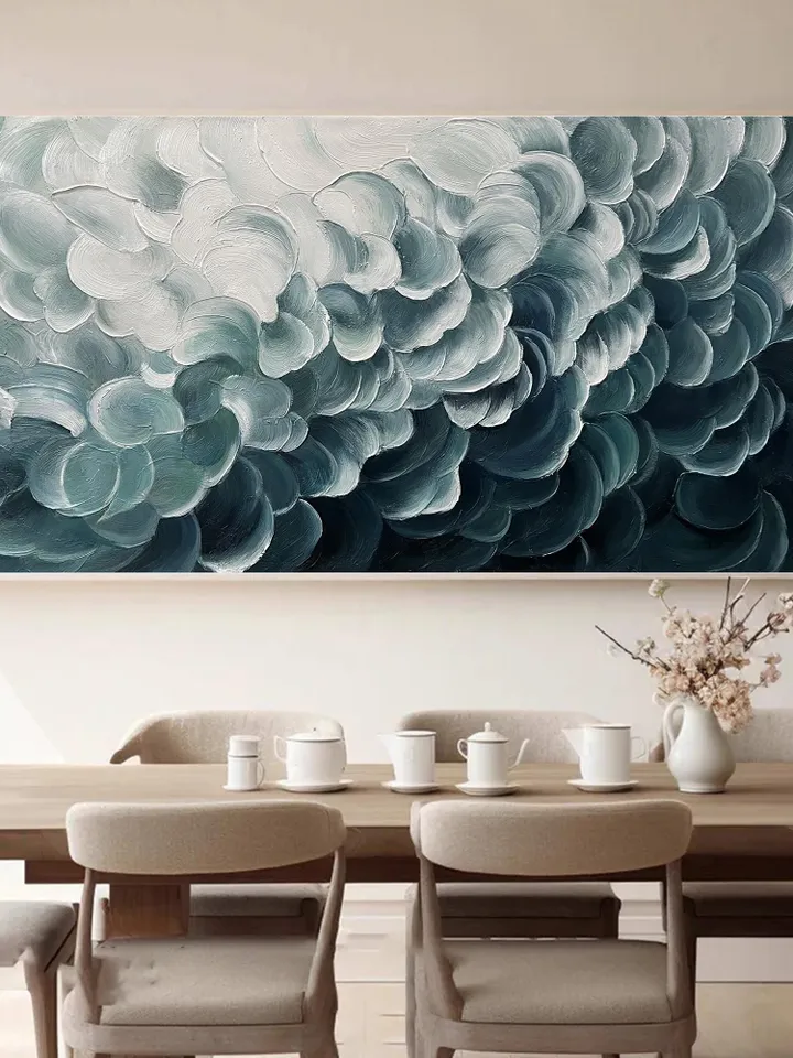 Original Blue and White Waves Oil Painting on Canvas Abstract Textured Wall Decor for Modern, Large Wall Art Living room Wall Art Home Decor