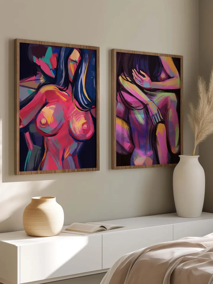 Colorful Abstract Couple Art, Intimacy Art, Modern Wall Decor, Vibrant Love Art, Home Office Decor, Digital Download Poster, Set of 3 Art