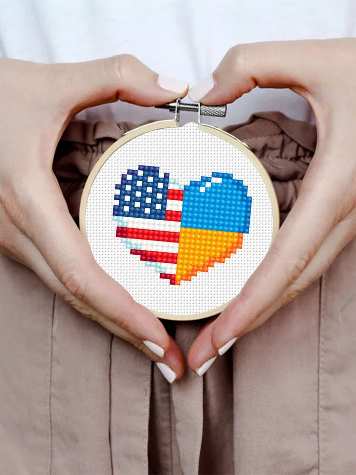 Patriotic cross stitch pattern PDF download American flag heart cross stitch chart, Mini Ukrainian flag embroidery, Independence Day #T23