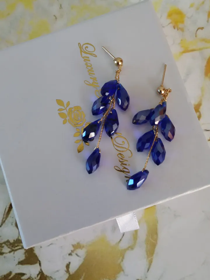 Gold Blue Drop Crystal Wedding Earring For Bride, Boho Bridal Earrings, Chandelier Statement Wedding Jewelry, Bridesmaid Gift, Jewellery