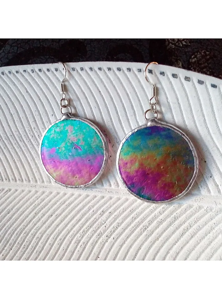 Iridescent stained glass earrings, Dichroic earrings, Duochrome earrings, Round stained glass