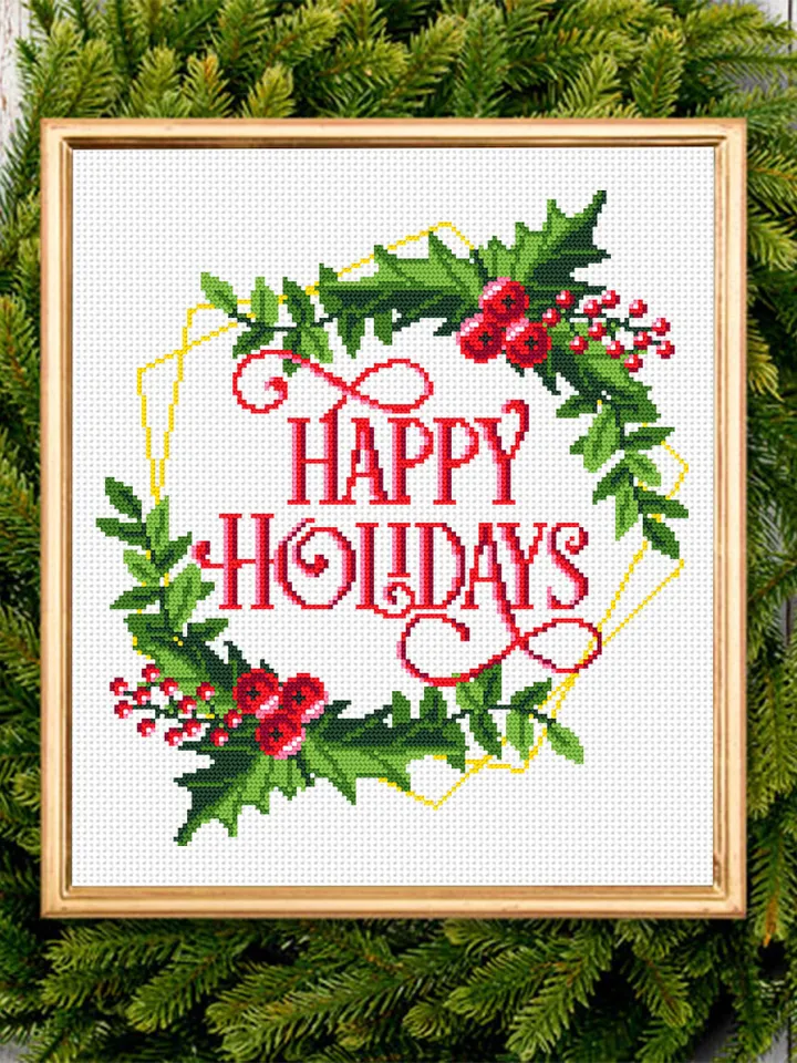Christmas holly berry wreath cross stitch pattern PDF Happy holidays cross stitch framed, Instant download PDF, Christmas home decor #N31