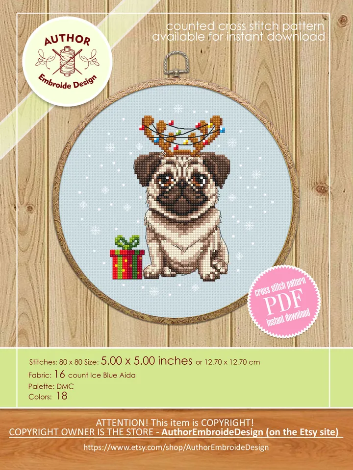 Christmas pug dog cross stitch pattern PDF download Set Pug christmas cross stitch chart, Christmas dog embroidery PDF, Dog lover gift #N104