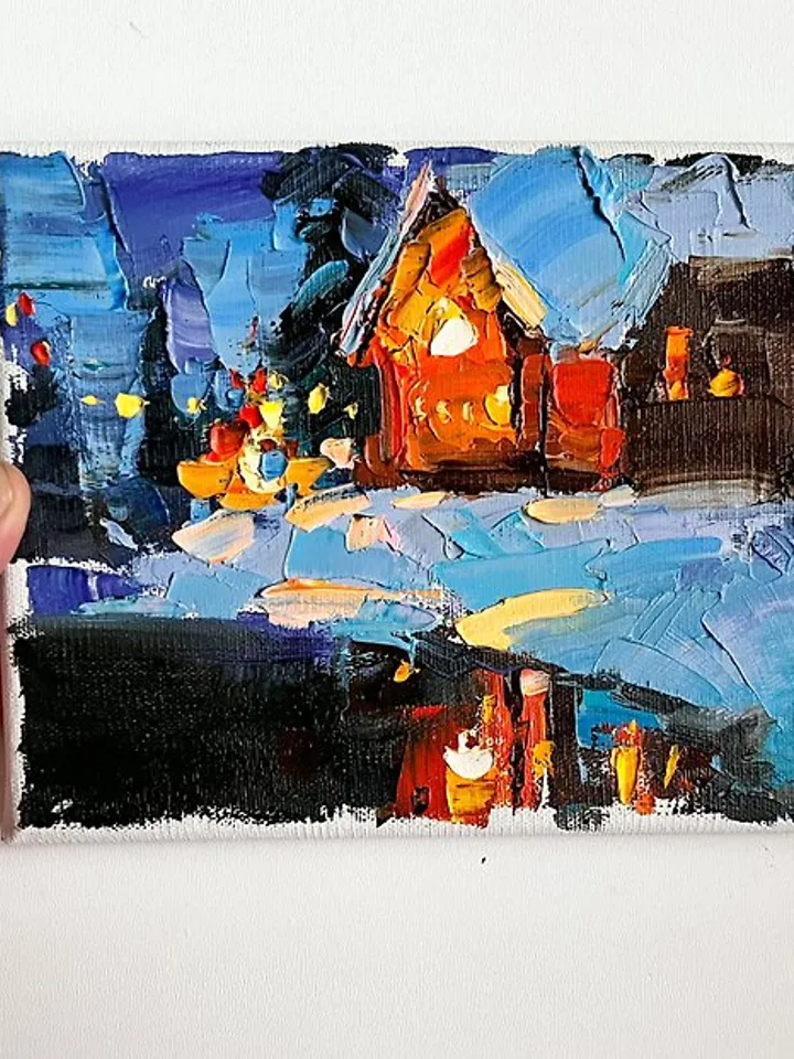 House Painting Original Art forest art Night Landscape Winter
