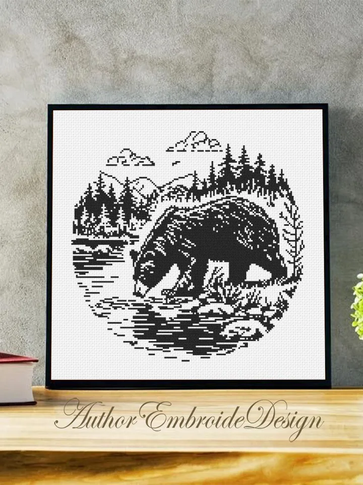Grizzly bear cross stitch pattern PDF download Bear silhouette cross stitch chart, Monochrome nature pattern digital, Forest landscape #L79