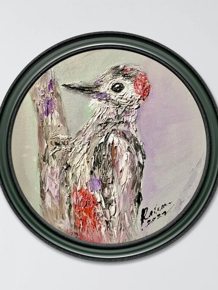Woodpecker original oil impasto painting on round canvas,birds oil painting,kids or game room decoration,unique gift.
