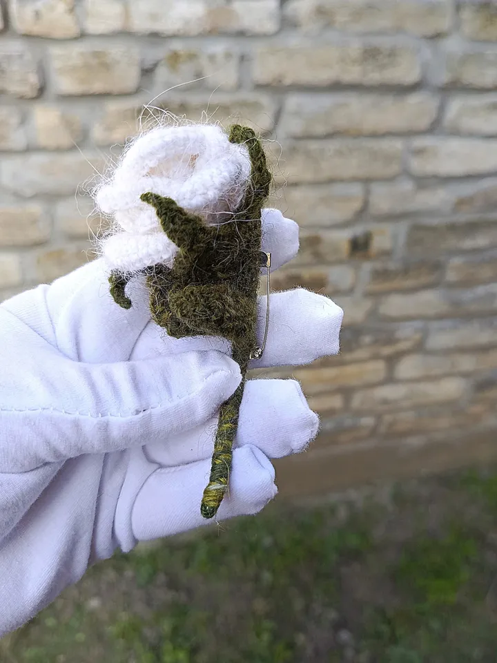 Crocheted Mohair Rose Brooch in White