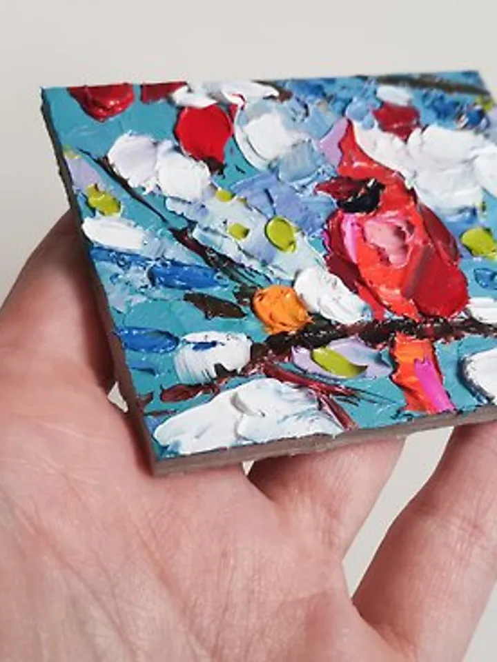 Cardinal Painting Original Art Bird Painting Small Oil Painting Verafe