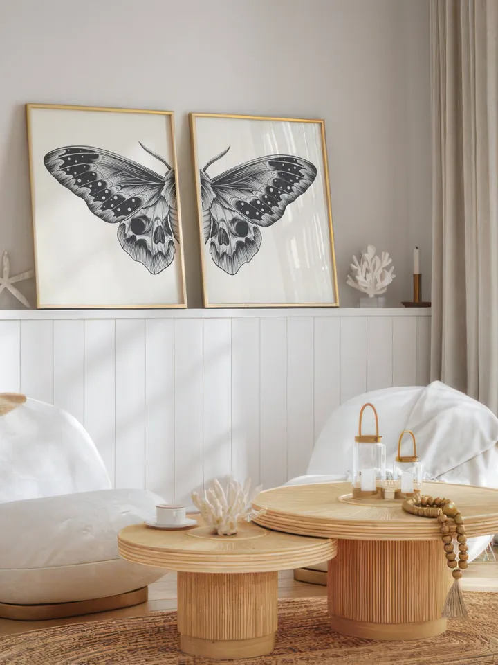 Black Sketch Butterfly Printable Wall Art Set of 2, Butterfly Print Digital Download, Split Butterfly Wings Art Print, Bedroom Wall Art