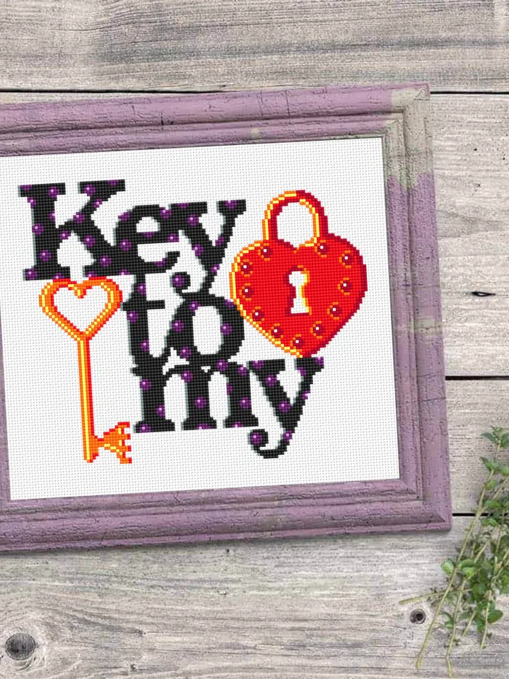Love quote cross stitch pattern download PDF, Love lettering Key to my heart cross stitch chart, Valentines day gift, Beginner stitch #V7