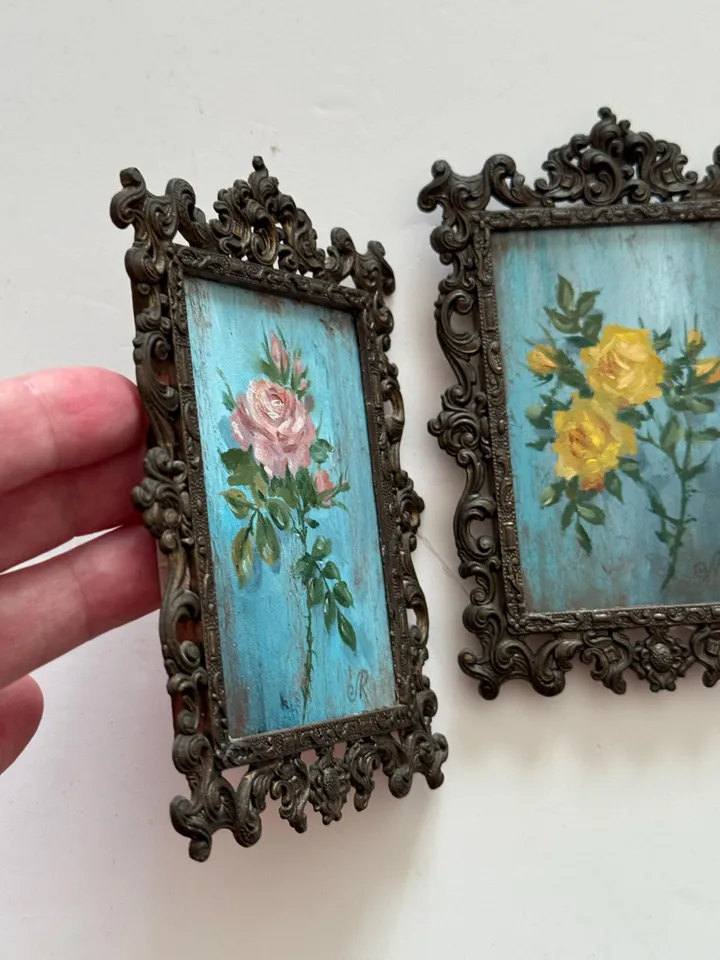 Roses Oil Painting Aceo Original Painting Framed Shabby Chic Painting
