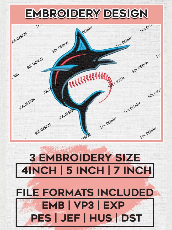 Miami Marlins MLB Logo Embroidery Files, MLB Miami Marlins Team Embroidery, MLB Teams, 3 sizes, MLB Machine embroidery designs, Digital Download