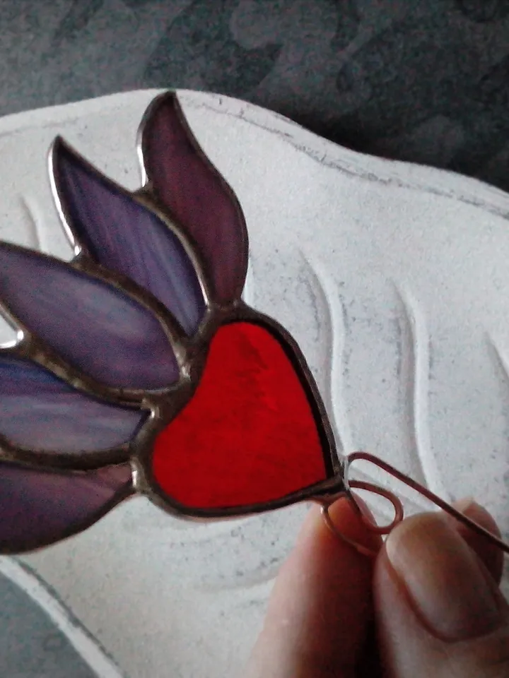 Purple lotos flower, Garden art, Glass flower, Plant pot glass stake. Stain glass plant, heart flower pot pole