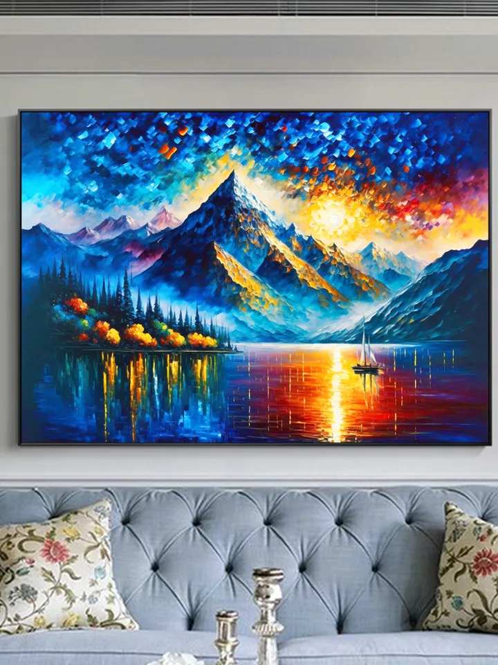 Large Original Mountain Scenery Oil Painting On Canvas, Abstract Lake View Painting, Colorful Landscape, Custom Painting, Bedroom Wall Art