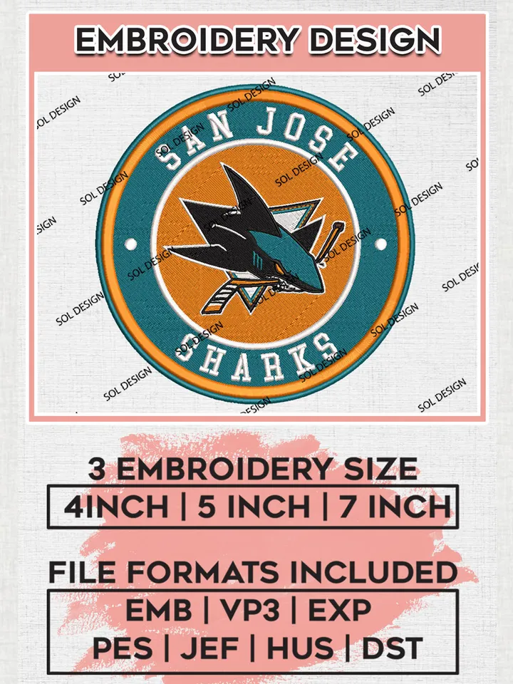 San Jose Sharks Circle Logo Machine Embroidery Files, NHL San Jose Sharks Embroidery Designs, NHL Sharks Logo, NHL Embroidery Designs, Digital Download