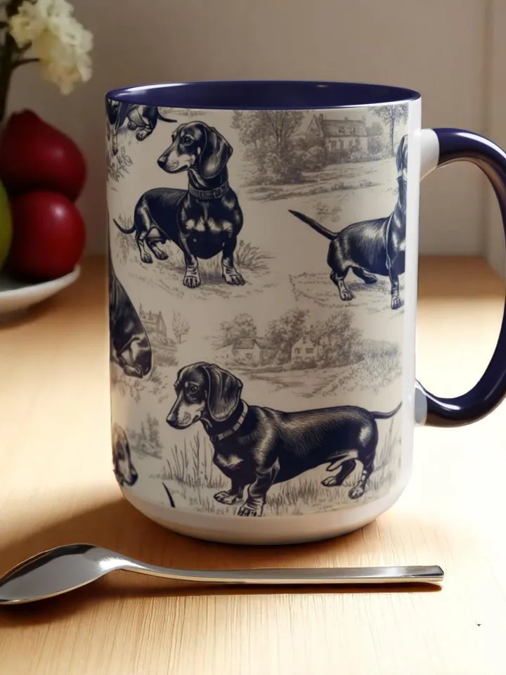 Dachshund French Toile de Jouy Ceramic Mug, Toile Coffee Cup for Doxie Mom, Sausage Dog Lover Gifts, Dog Tea Drinkware, Gift For Dog Lovers
