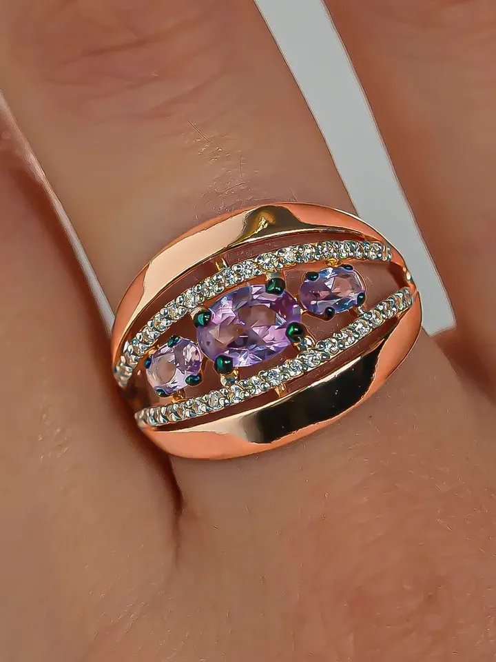 Ring Silver gold plated 925 assay value with alexandrite