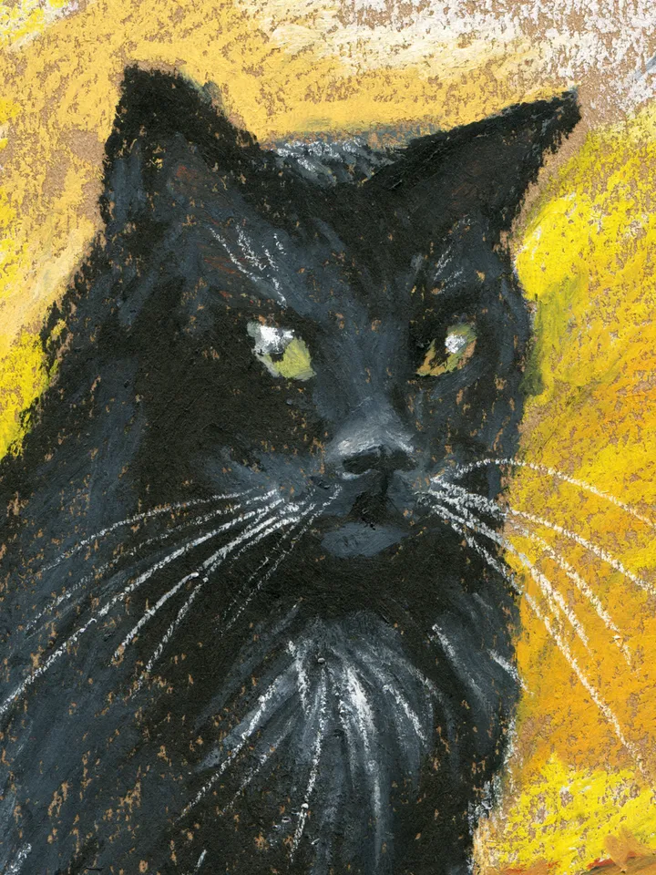 Black Cat in autumn leaves Oil pastel drawing on kraft paper А4