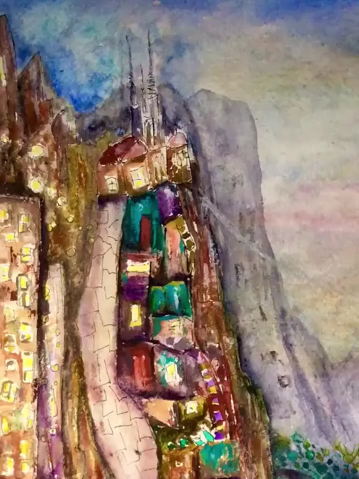 Abstract watercolour painting,original watercolour wall art,fantasy landscape,architecture and cityscape painting.