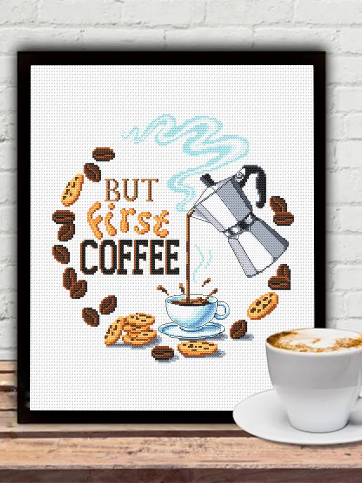 But first coffee cross stitch pattern download PDF, Coffee sampler embroidery PDF, Coffee quote cross stitch chart, Funny home decor #Q53