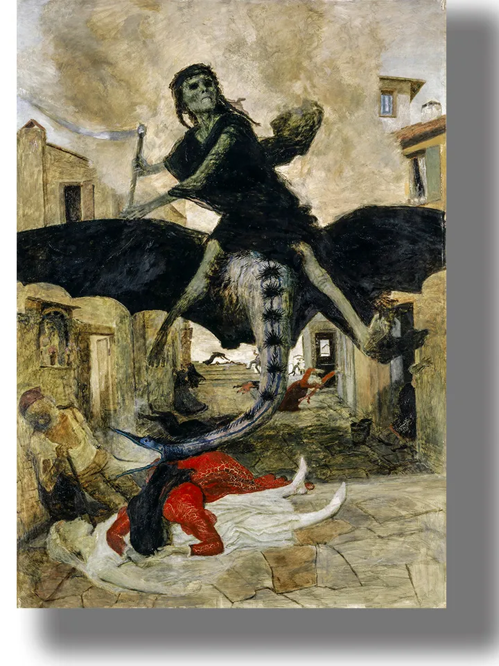 Die Pest. Black Plague. Grim Reaper with a scythe on the city streets.