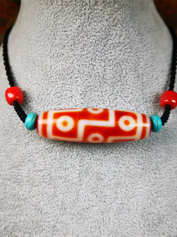 Gandhanra Unique Tibetan Fire Agate 9 Eyes Dzi Bead Necklace,1.93&quot; x 0.59&quot;