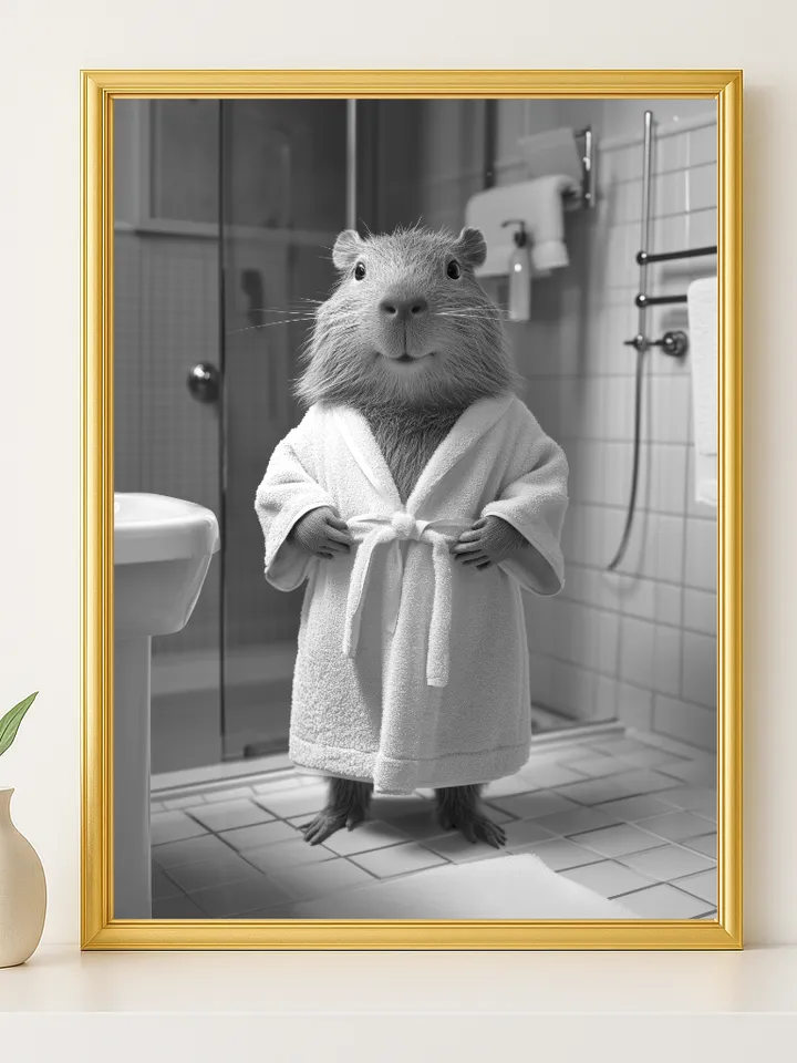 Cute Capybara Bathroom Wall Art, Funny Animal in Bathrobe Print, Humorous Spa Pet Lover Digital Download