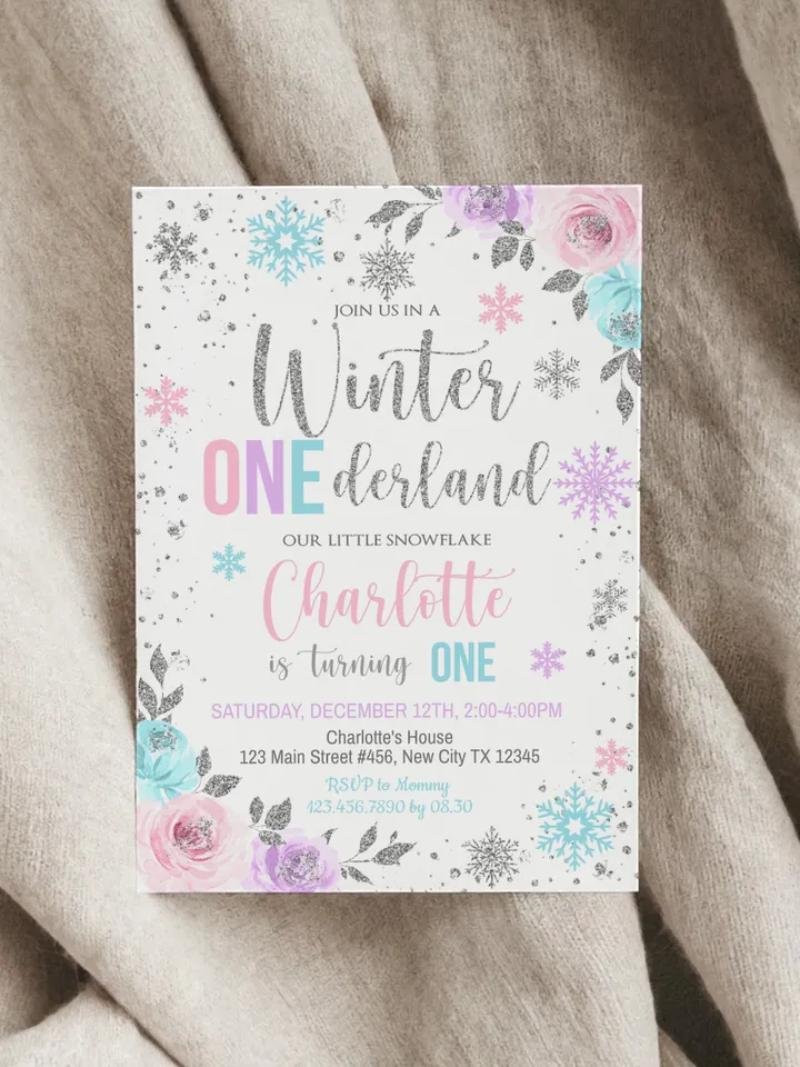 Winter Onederland Birthday Girl Invitation, Winter Wonderland 1st Birthday Invitation, First Birthday Snowflake Editable Template i098