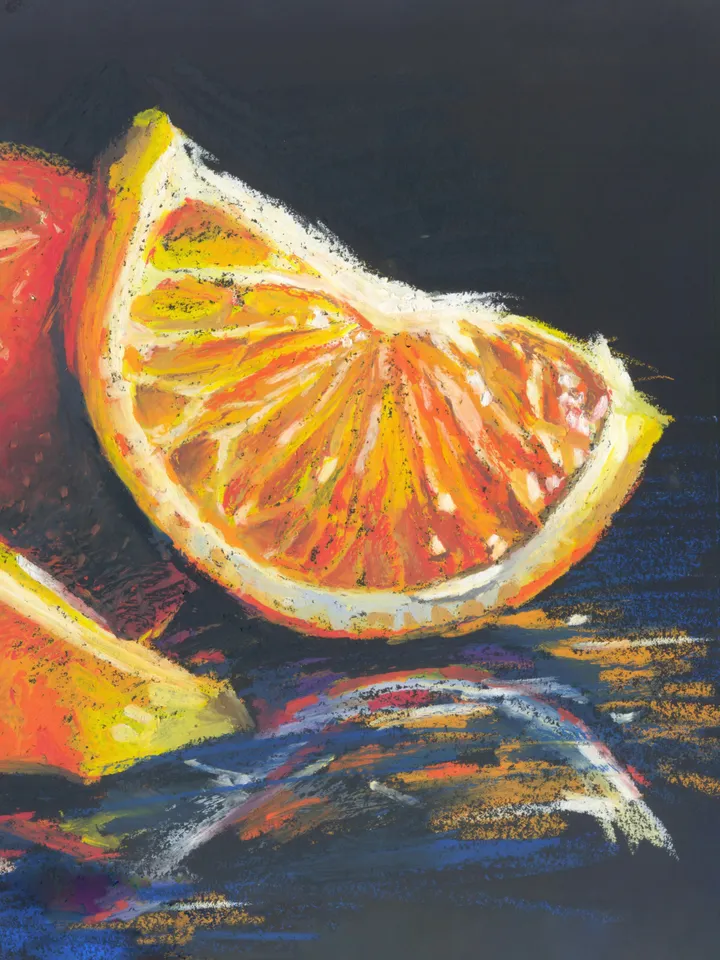 Oil pastel drawing, Still life, Three oranges, original graphics on A4 kraft paper