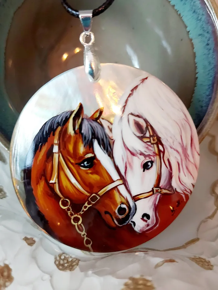 Pearl pendant necklace: Gentle pair of horses in love on handmade jewelry pendant • Dainty gift for nature lover • Elegant pendant for her