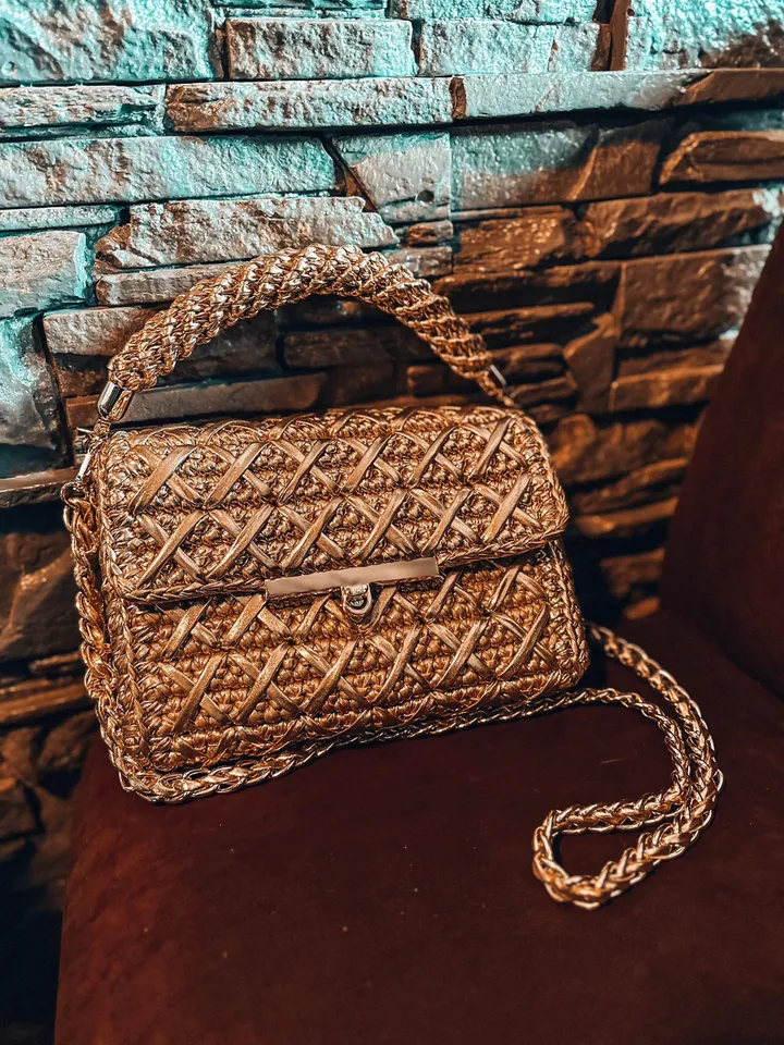 Gold women handbag, vegan crossbody, top handle, small purse, crochet clutch, shoulder bag, luxury bag