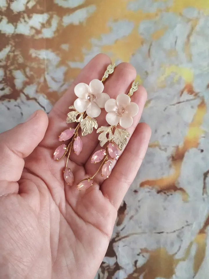 Opal Pink Blush Boho Wedding Earrings, Porcelain Pink Flower Gold Bridal Earrings, Boho Wedding Earrings, Chandelier Statement Earrings