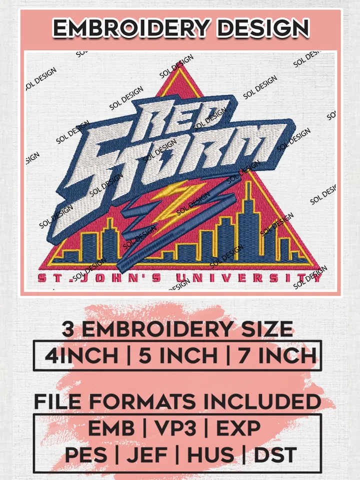 NCAA St John Red Storm University Team Logo Embroidery Design Files, NCAA St Johns Red Storm Machine Embroidery, NCAA Teams, 3 sizes, NCAA Machine embroidery designs, Digital Download