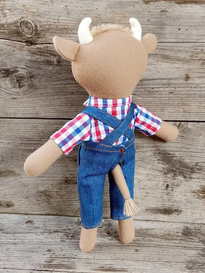 Beige bull, handmade plush cow doll, stuffed wool fabric toy, bull textile doll