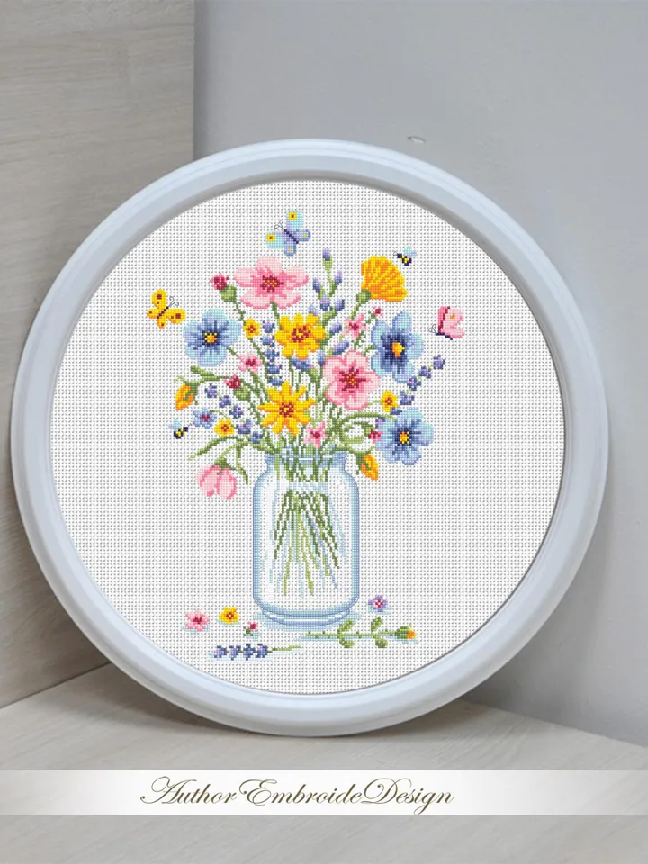 Wildflower bouquet cross stitch pattern PDF download Watercolor wildflowers cross stitch, Wild flowers in mason jar pattern digital PDF #P56