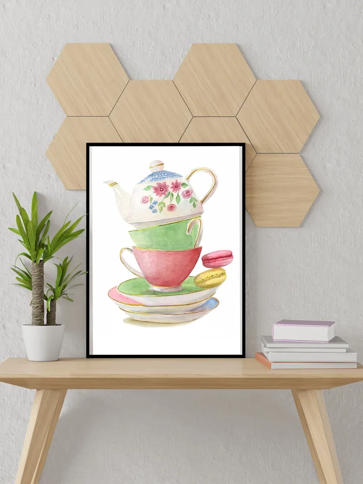 Tea cups, Kitchen Art, Wall Art, Kitchen Wall Decor, Vintage Tea Cup, Gift For Tea Lovers, Tea Party Decor ,Watercolor Art Print Tea Poster