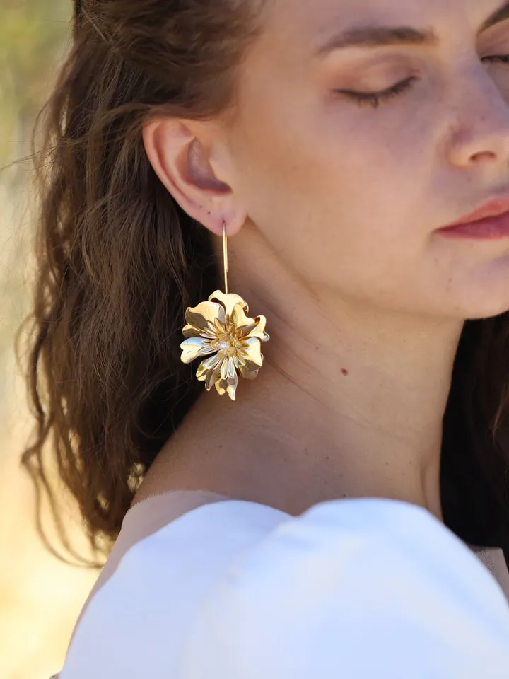 Boho Wedding Earrings, Flower Chandelier Statement Gold Bridal Earrings, Floral Wedding Earrings, Vintage Bohemian Jewelry, Bridesmaid Gift