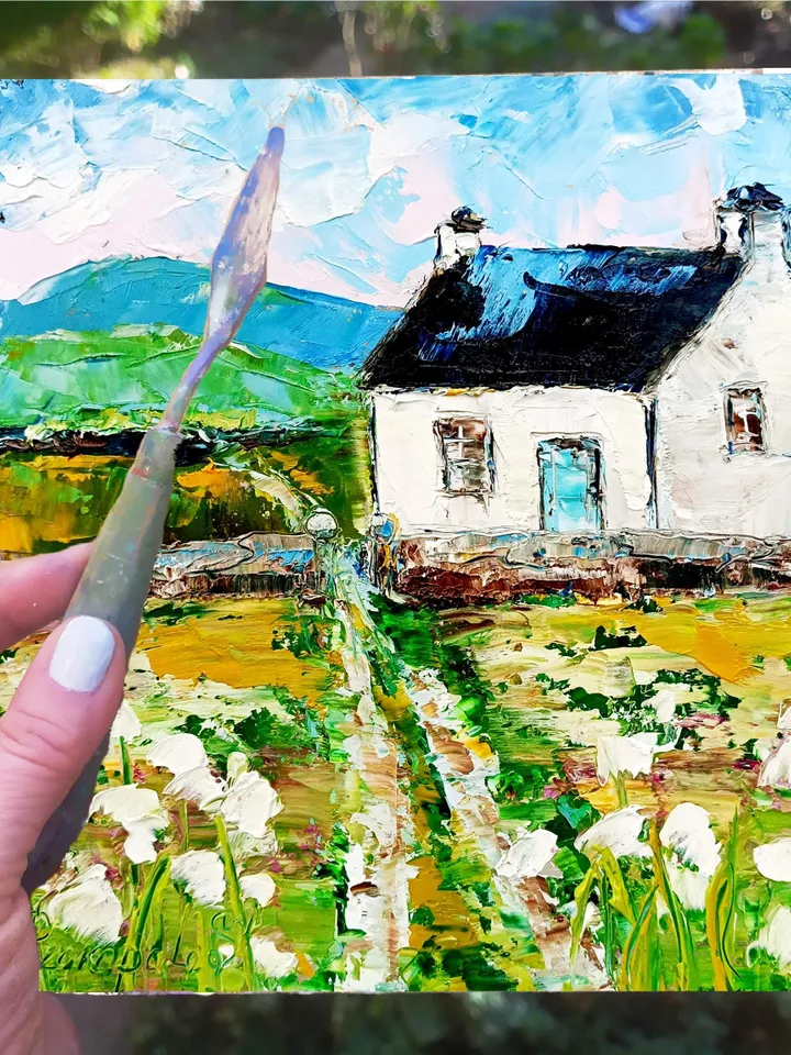 Ireland Painting White Cottage Original Art Abstract Landscape Impasto Oil Painting Small Gifts Cheap Original Art Gifts by ArtProkopaloSv