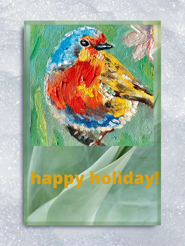 Greeting Card from my Original Oil Painting, Happy Holiday postcard, Robin Bird E-Card, Instant digital download