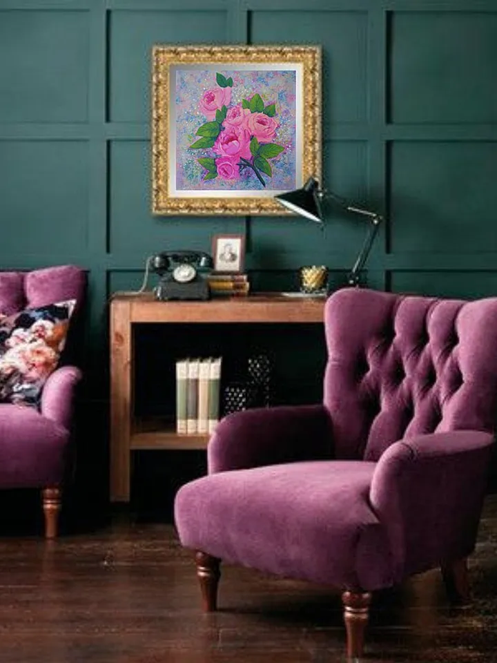 Pink Roses Painting Flower Original Art Floral Bouquet Wall Art Acrylic Painting