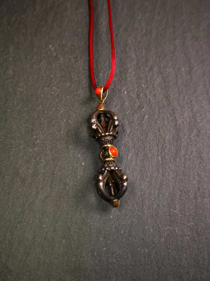 Gandhanra Tibetan Buddhist Amulet,Dorje Vajra Pendant, Made of Cold Iron,Inlaid with Agate,2.0"