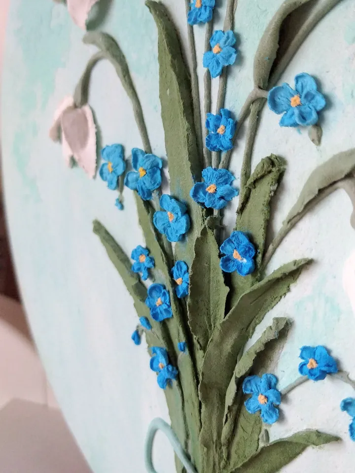 Bouquet of forget-me-nots and snowdrops painting Floral painting gift Home decor Roud painting with 3D forget-me-nots and snowdrops Wall decor for Gift for woman Floral painting Wildflower Home decor Mom gift