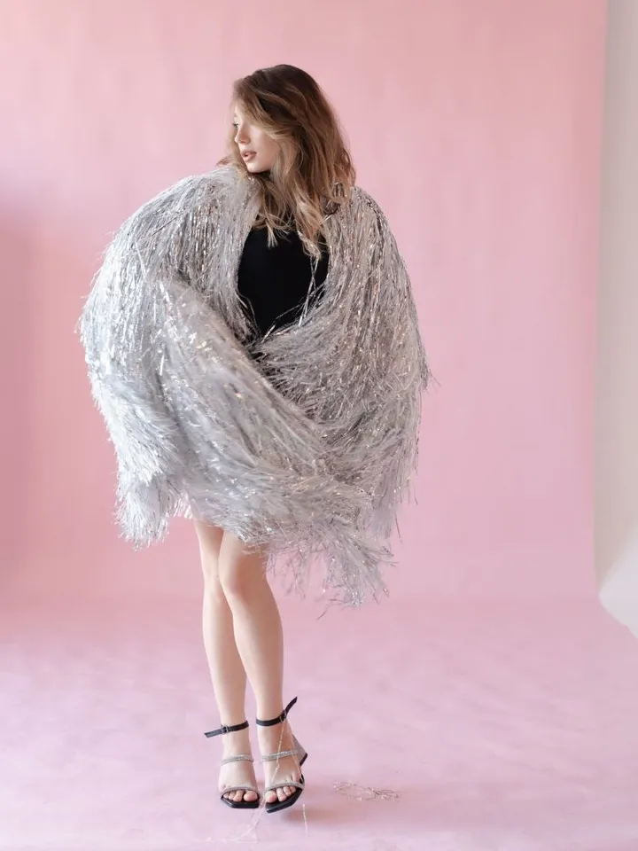 silver cape, silver vinyl coat, cape made of silver ribbons