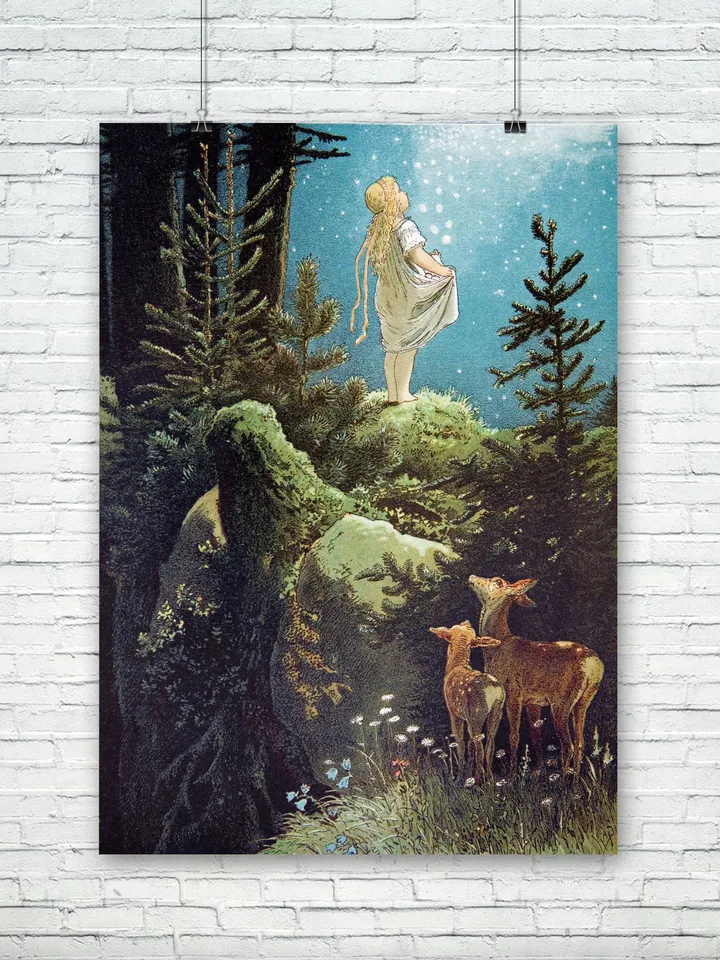 Little girl under a starry blue sky. Vintage fairy tale. Vintage illustration.