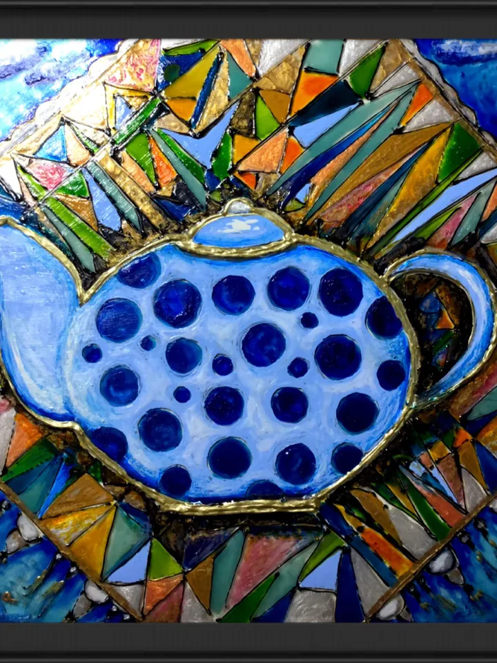 Stained glass painting, teapot on a fantasy background,abstract painting on glass ,kitchen decoration,tabletop or wall hanging,small gift.