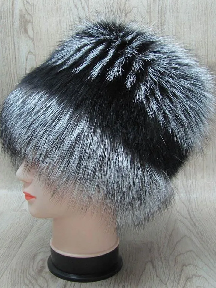 Women's fur hat made of silver fox with arctic fox. Warm hat for winter. Silver hat with black. Sits comfortably on the head